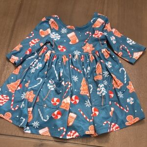 Festive Blue Kids Dress with Holiday Print